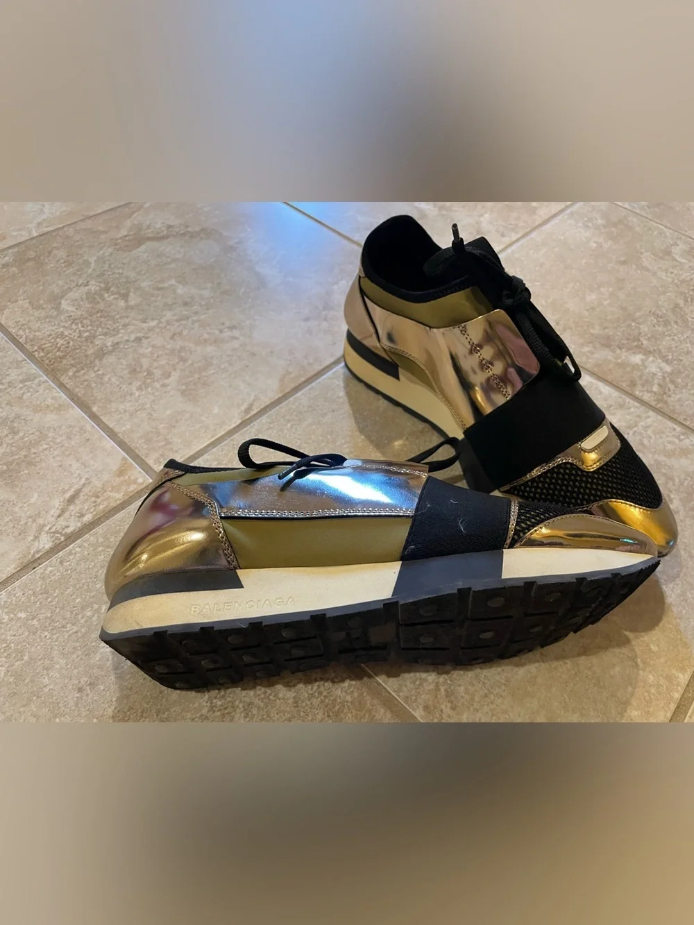 Balenciaga Gold Patent Leather, Mesh and Neoprene Race Runner Sneakers